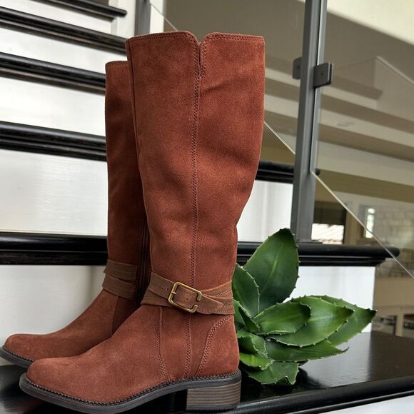 Clarks Genuine Suede Leather Knee-High Boots Brown Size 6.5M New - Picture 1 of 10